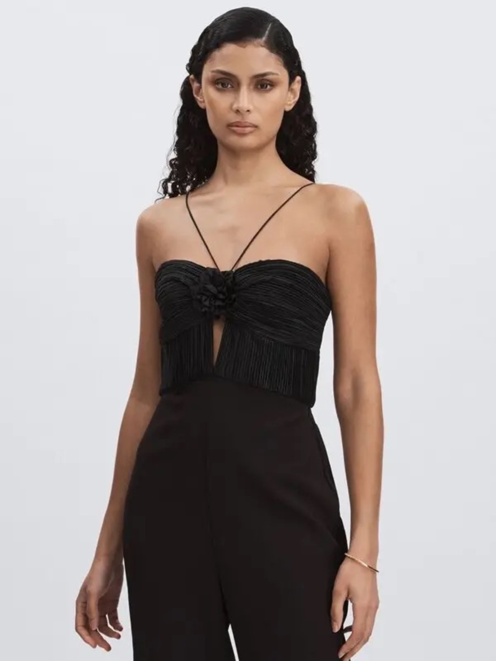 AMUR Strapless Black Fringe Bodice Jumpsuit
